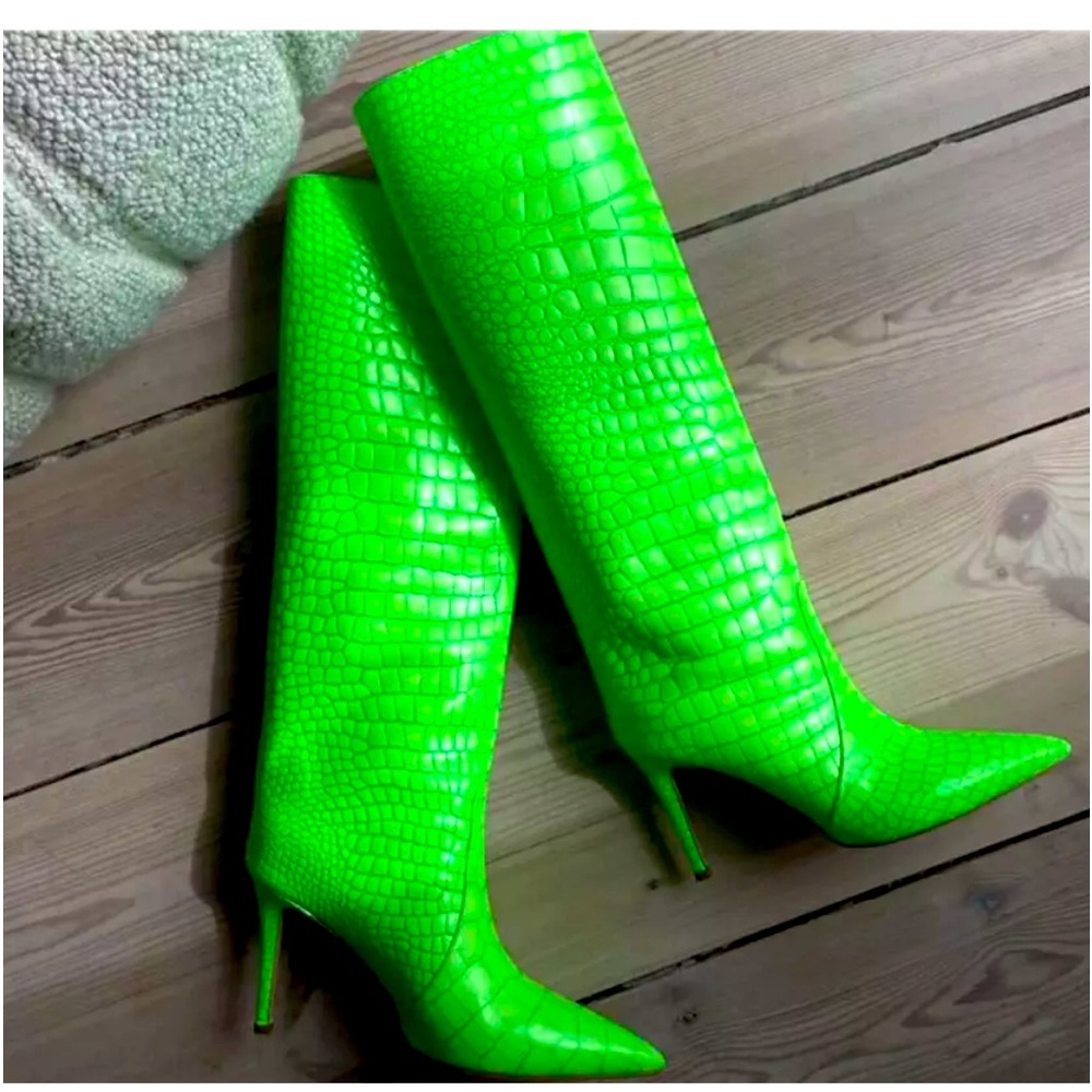 Womens Faux Leather Pull On High Heels Pointed Toe Fashion Knee High Thin Boots